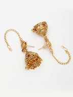 NVR Women's Gold-Polished Pink Stone Studded Lakshmi Temple Jewellery Set