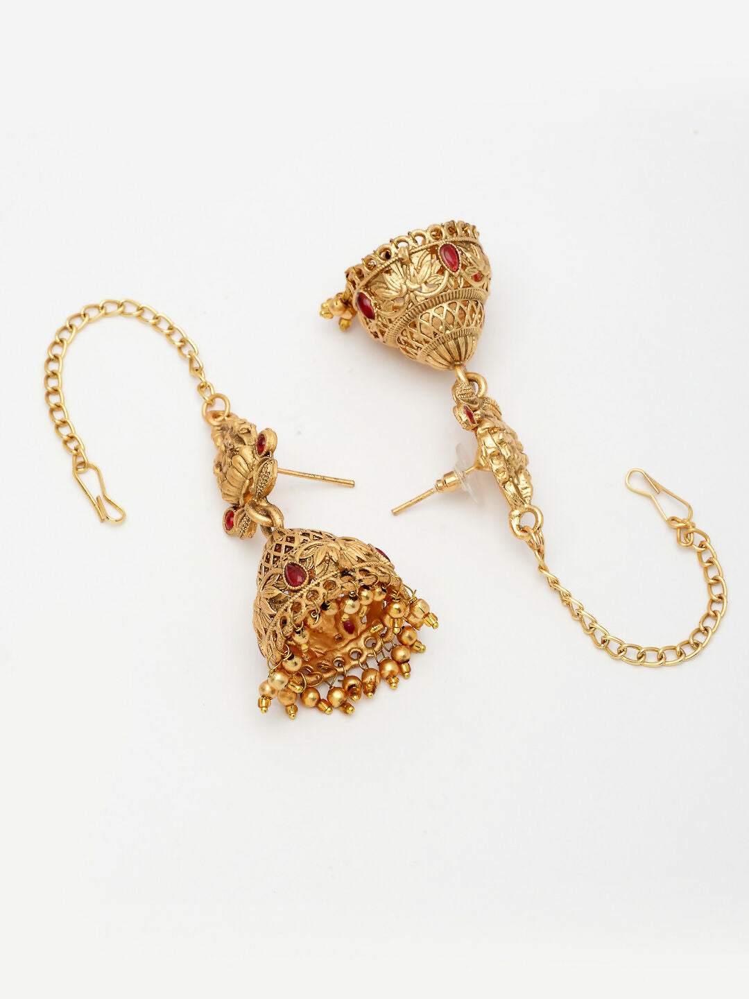 NVR Women's Gold-Polished Pink Stone Studded Lakshmi Temple Jewellery Set