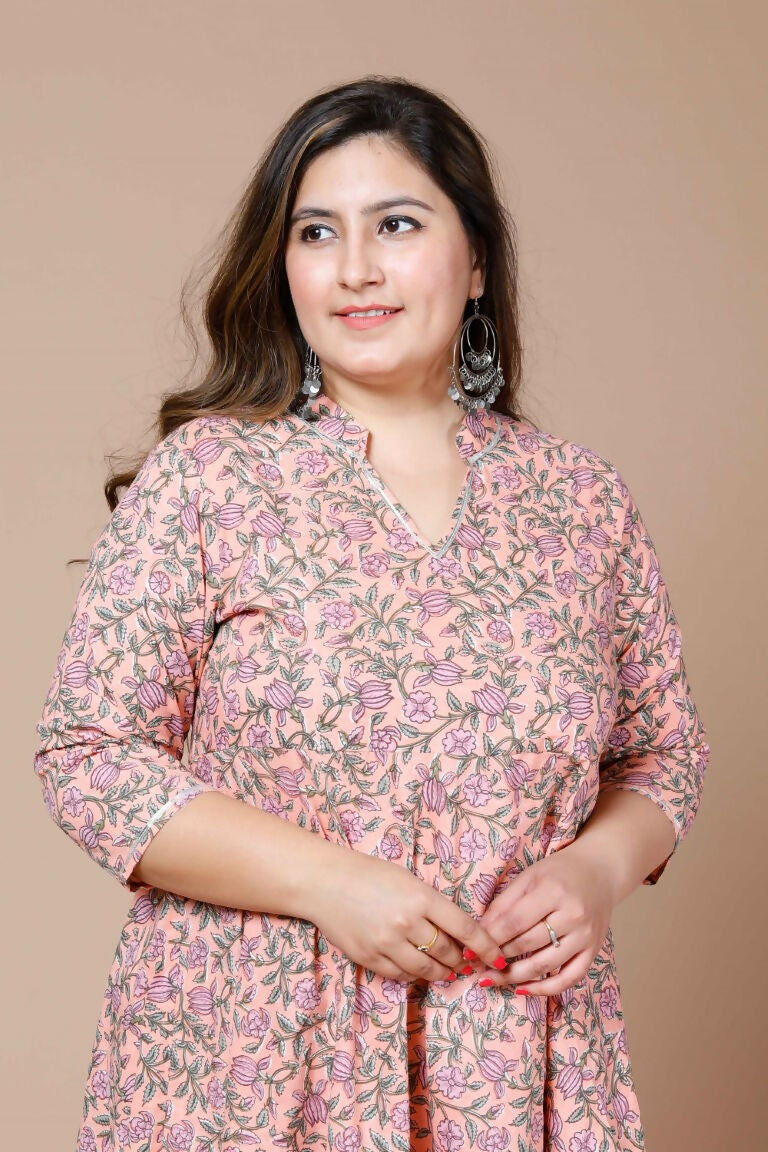 Miravan Women's Orange Plus Size Cotton Floral Printed Anarkali Kurta