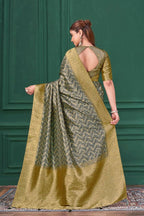 Grey Tussar Silk Jacquard Abstract Digital Print Saree with Unstitched Blouse - Mohira