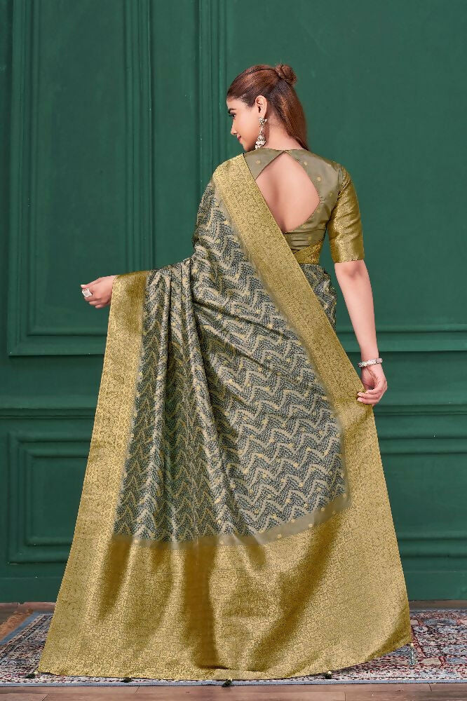 Grey Tussar Silk Jacquard Abstract Digital Print Saree with Unstitched Blouse - Mohira