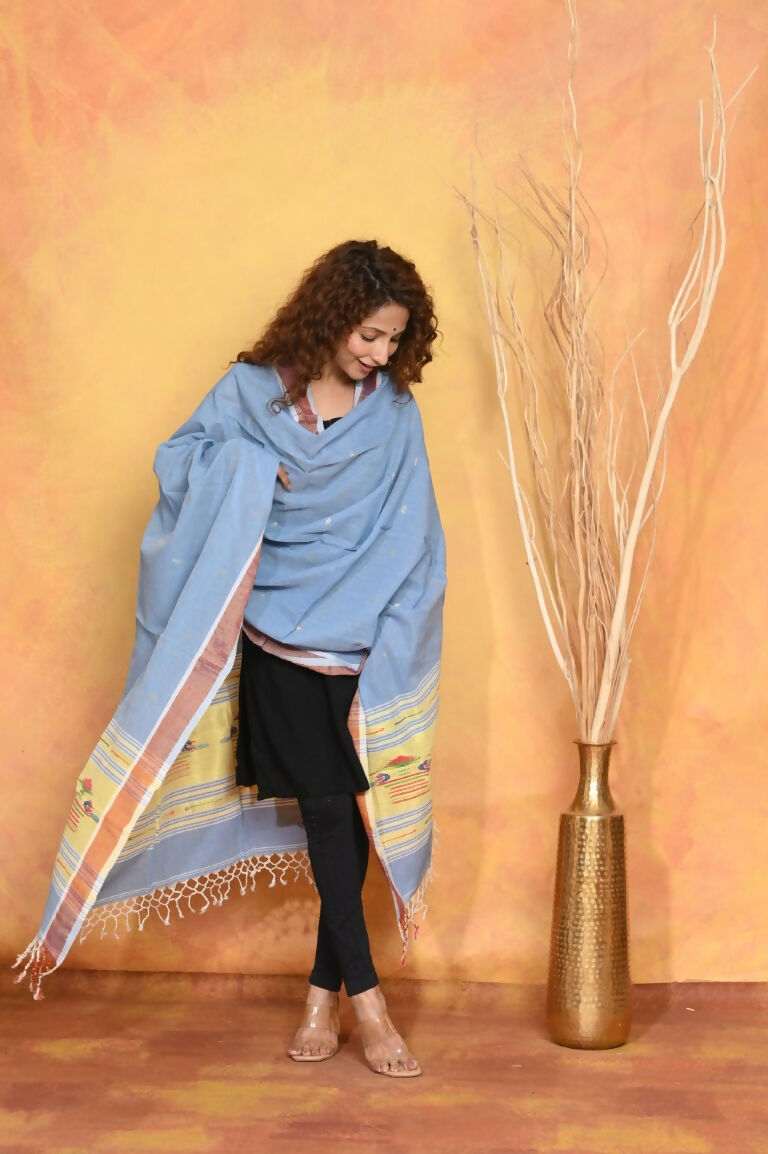 Very Much Indian Handloom Pure Cotton Paithani Dupatta - Powder Blue