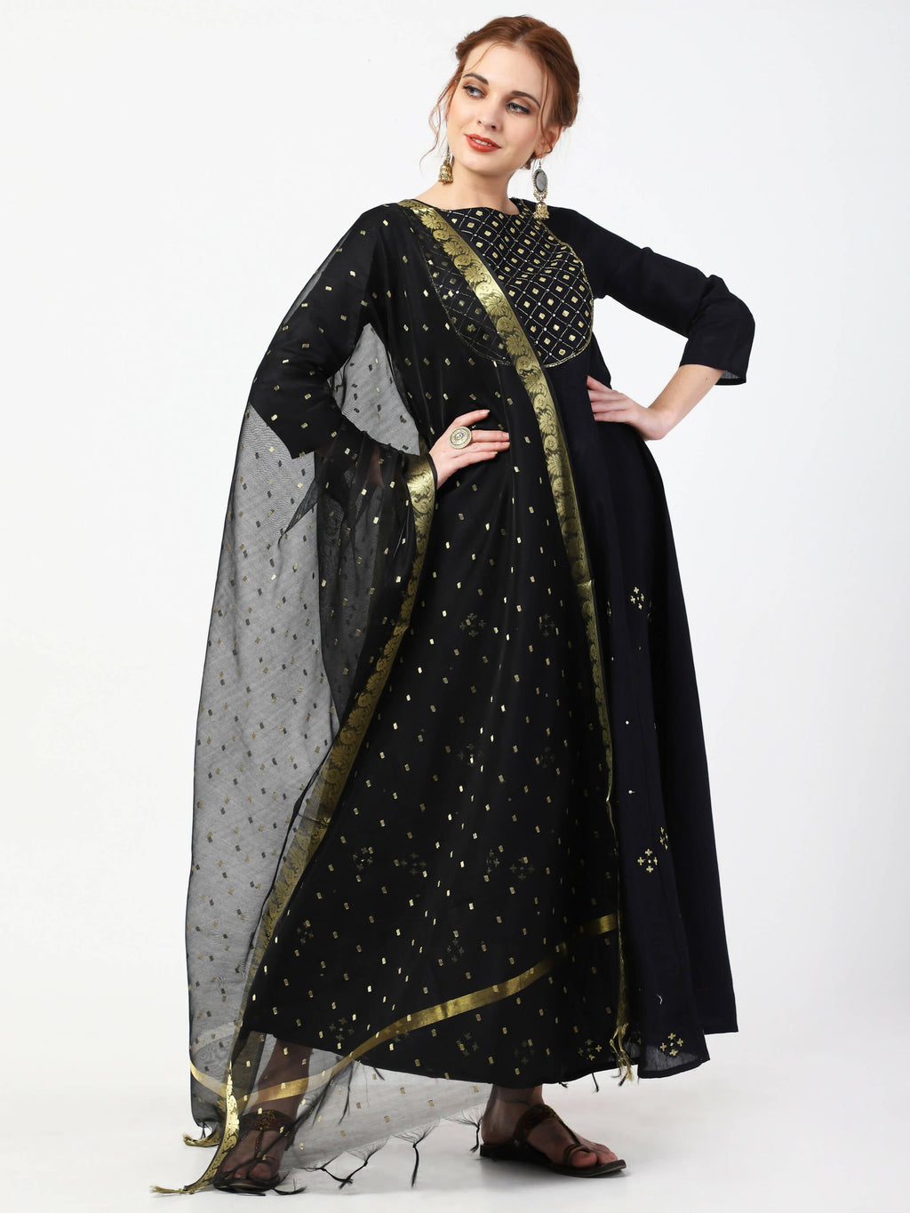 Cheera Embellished Party Wear Anarkali Dress with Dupatta - Black