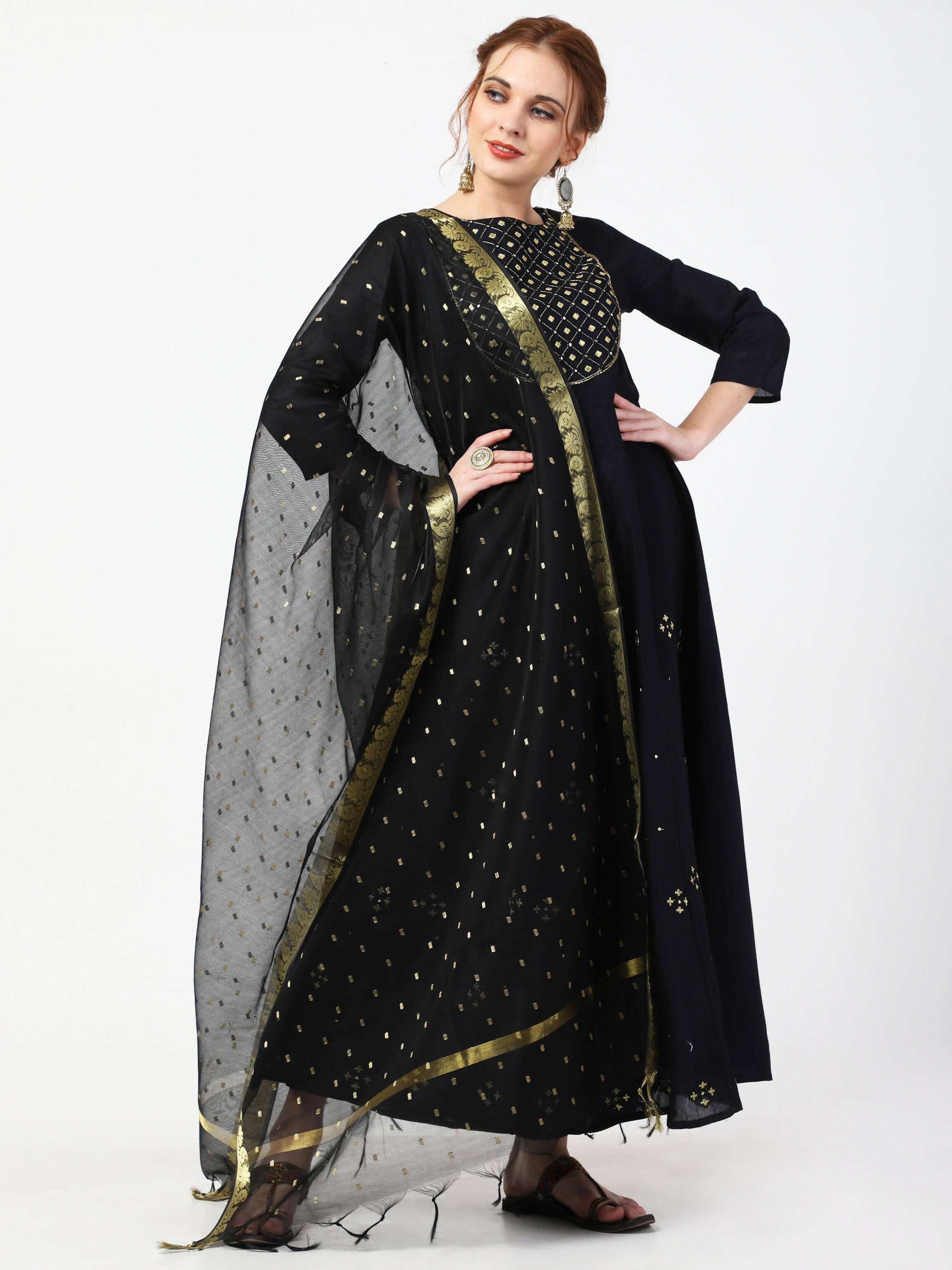 Cheera Embellished Party Wear Anarkali Dress with Dupatta - Black