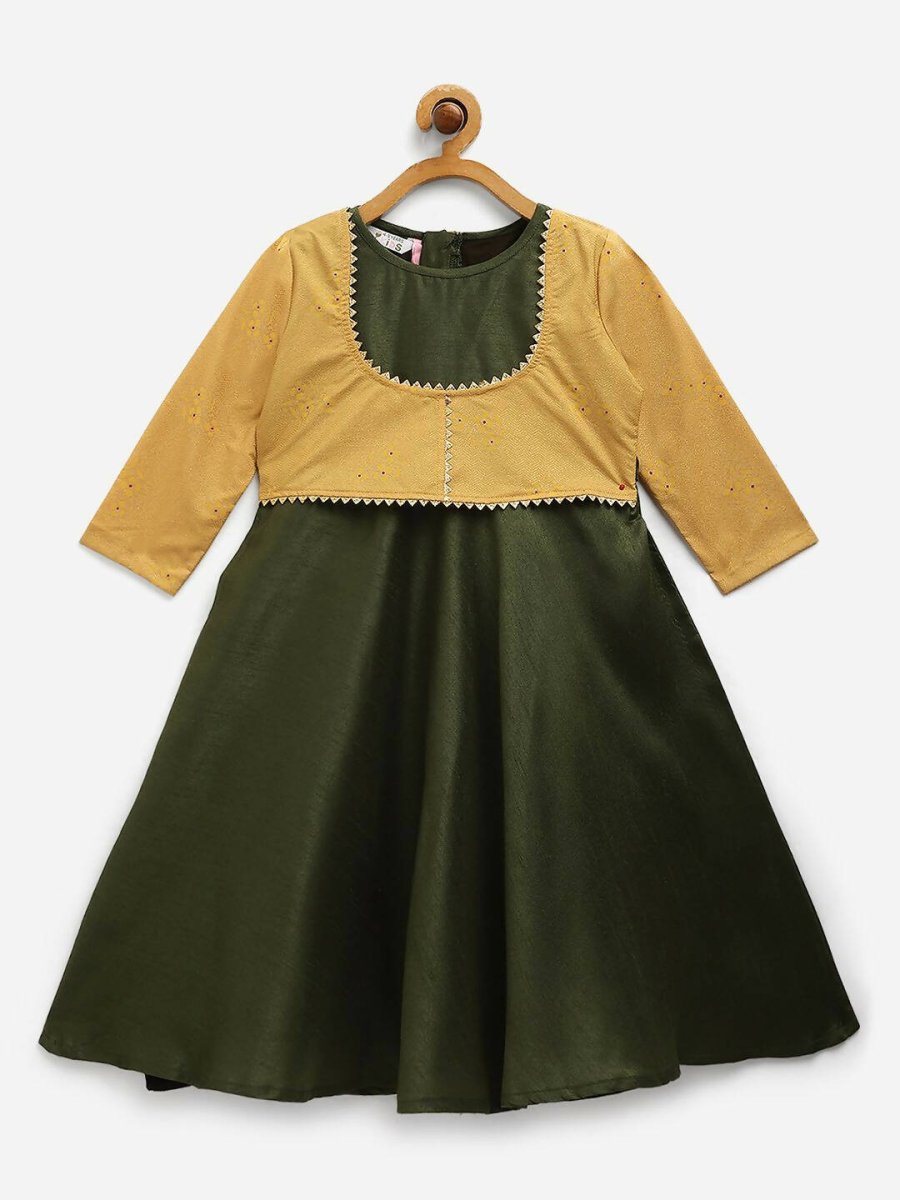 Ahalyaa Green Poly Silk Solid Kids Kurta With Printed Jacket For Girls