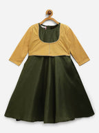 Ahalyaa Green Poly Silk Solid Kids Kurta With Printed Jacket For Girls