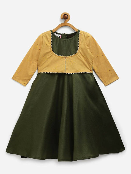 Ahalyaa Green Poly Silk Solid Kids Kurta With Printed Jacket For Girls