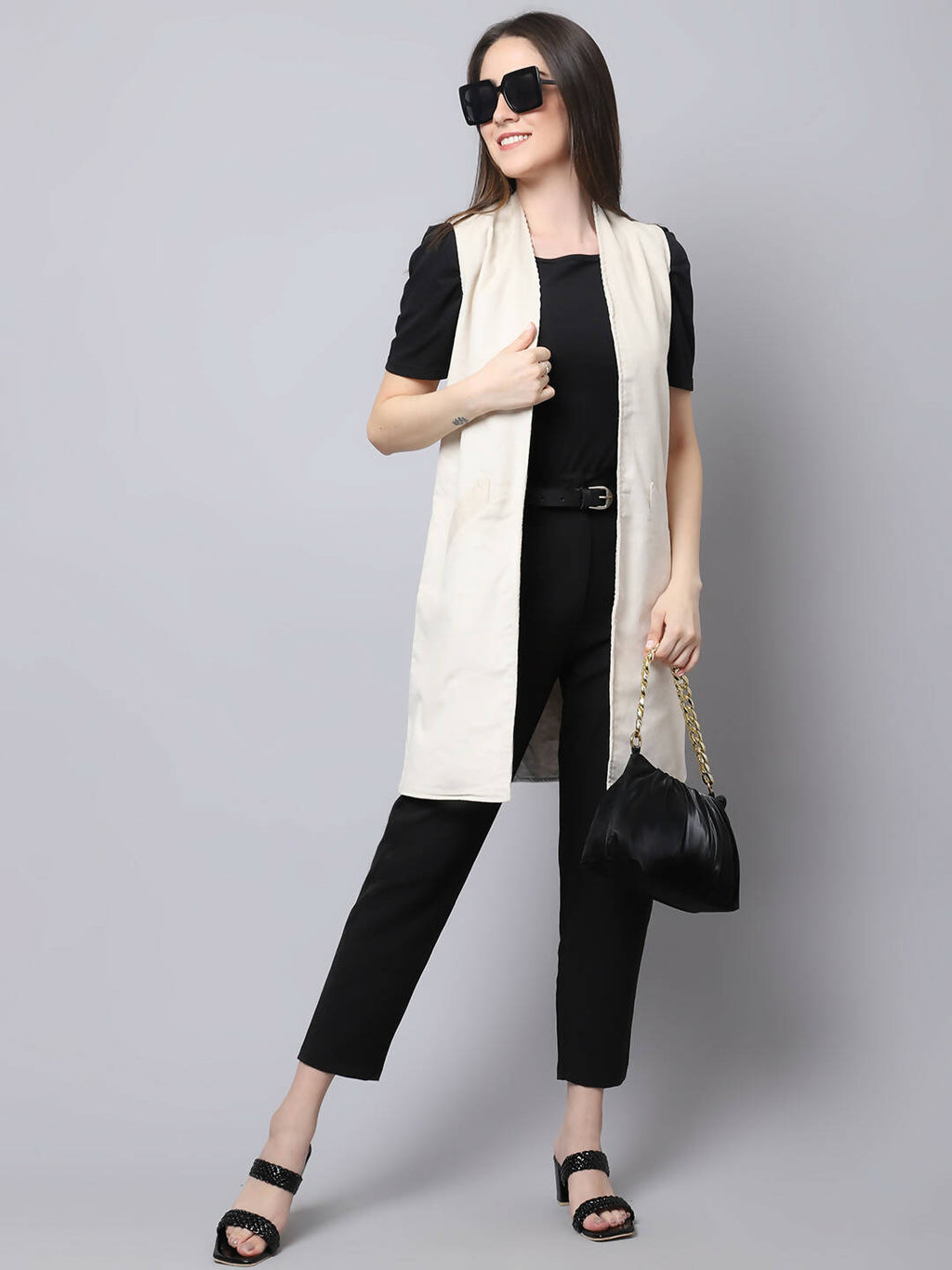 Even Apparels White Polywool Open Front Corduroy Women's Long Coat