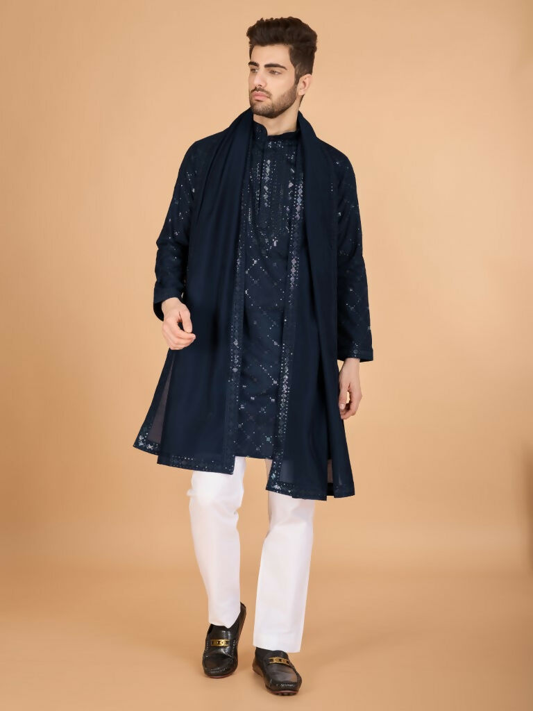 Vastranavya Navy Blue Exclusive Festival Wear Viscose Silk Thread & Sequence Embroidered Work Kurta with Dupatta