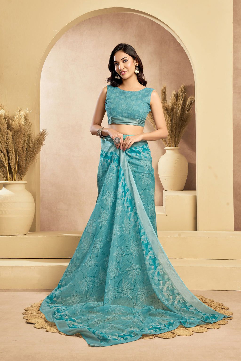 Vastranavya Sky Blue Digital Printed Linen Ready To Wear Designer Saree with Unstitched Blouse - Distacart