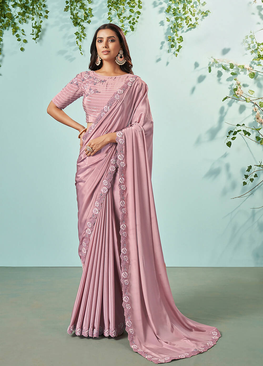 Pink Silk crepe Solid Saree With Unstitched Blouse Piece - Norita Ikshita