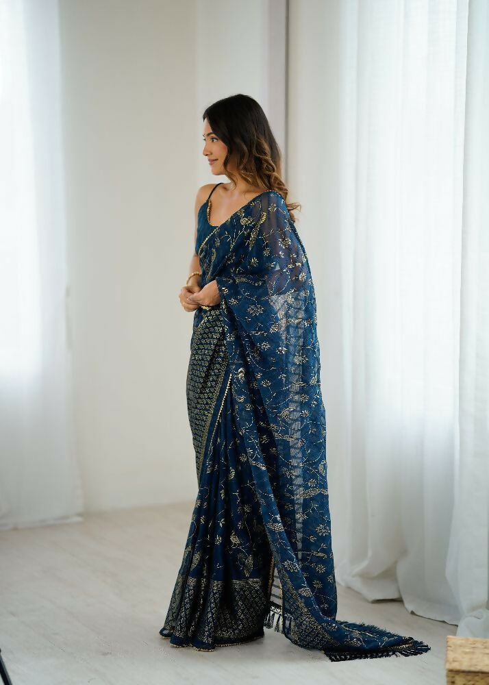 PR Fashion Morpich Georgette Patta Plain With Foil Work And Small Lace And Zalar Lace Saree