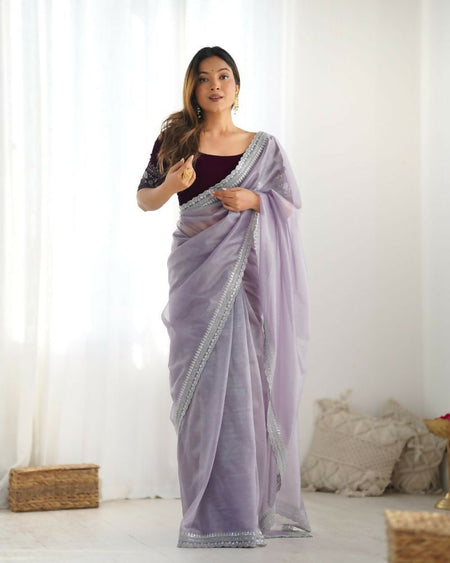 Attrctive Looking Gold Jari, Sequance Embroidery Work Twill Net Party Wear Saree - Lavender