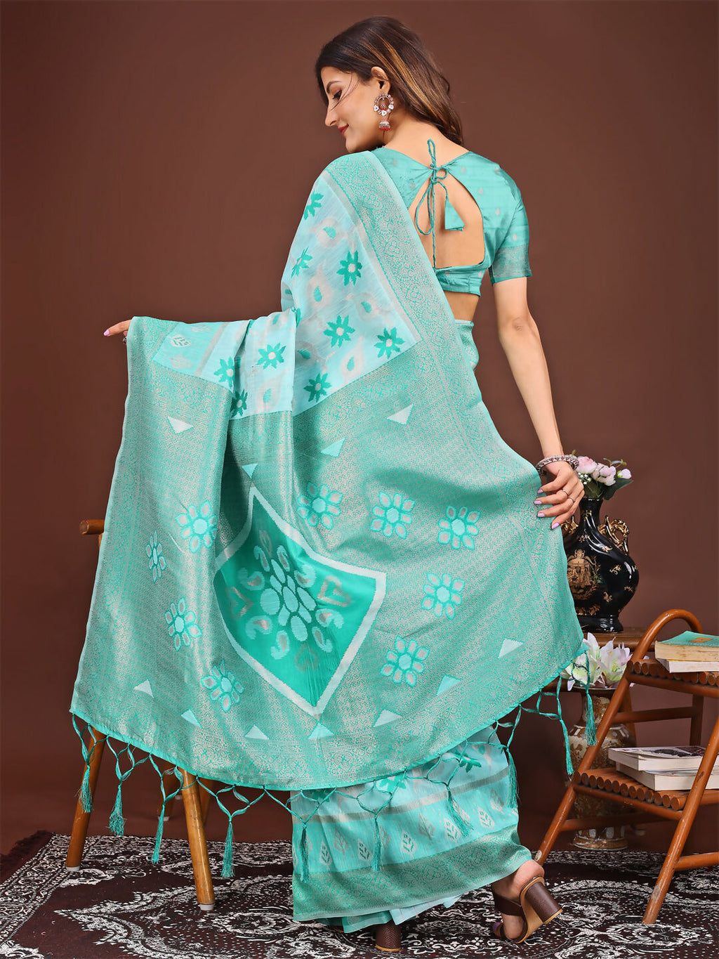 Shree Shyam Fashion Sajni Sea Green Linen Cotton Saree