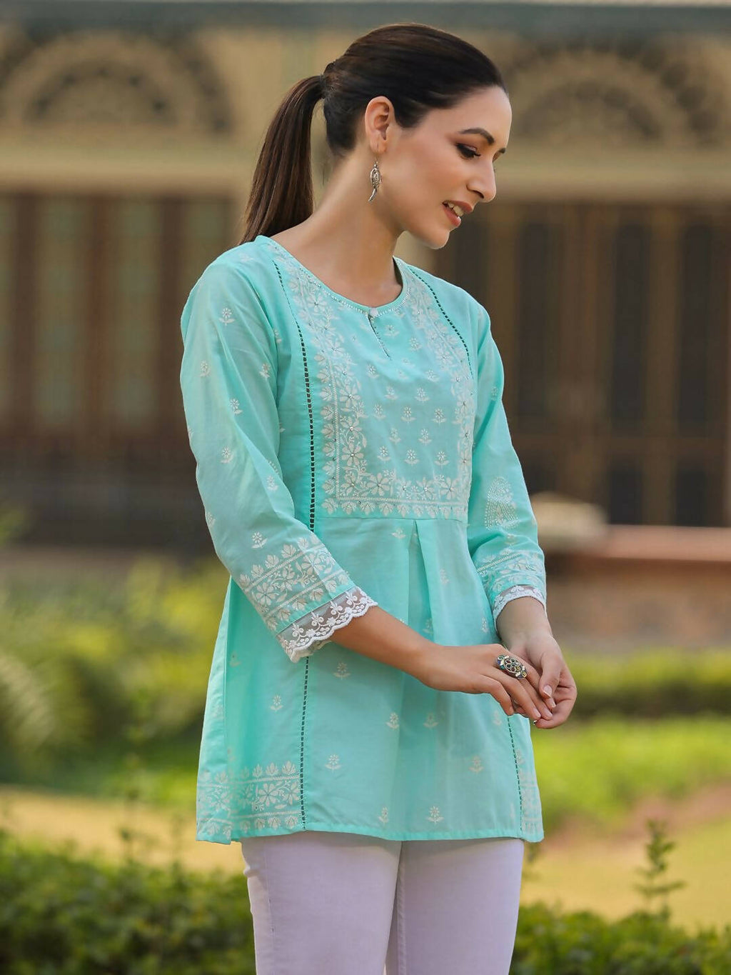 Juniper Women's Aqua Cambric Floral Printed Tunic - Distacart