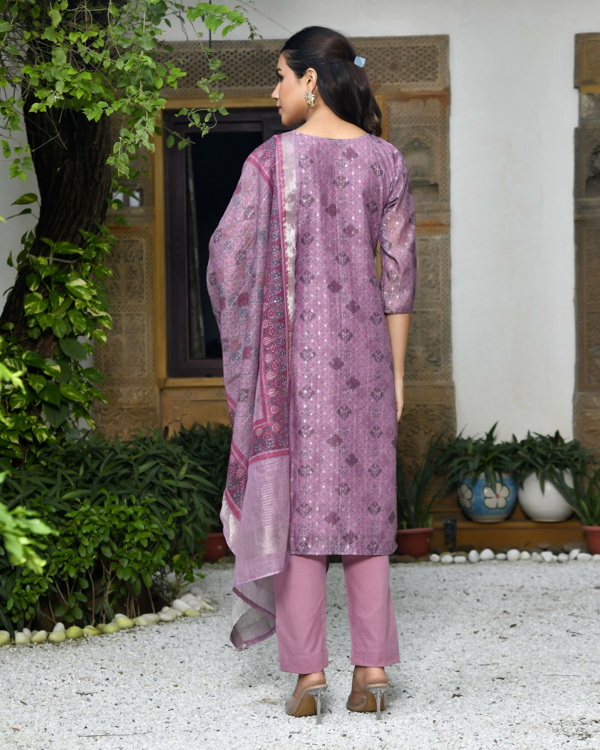 Vaasva Women's Chanderi Printed Suit Set With Pant And Printed Dupatta