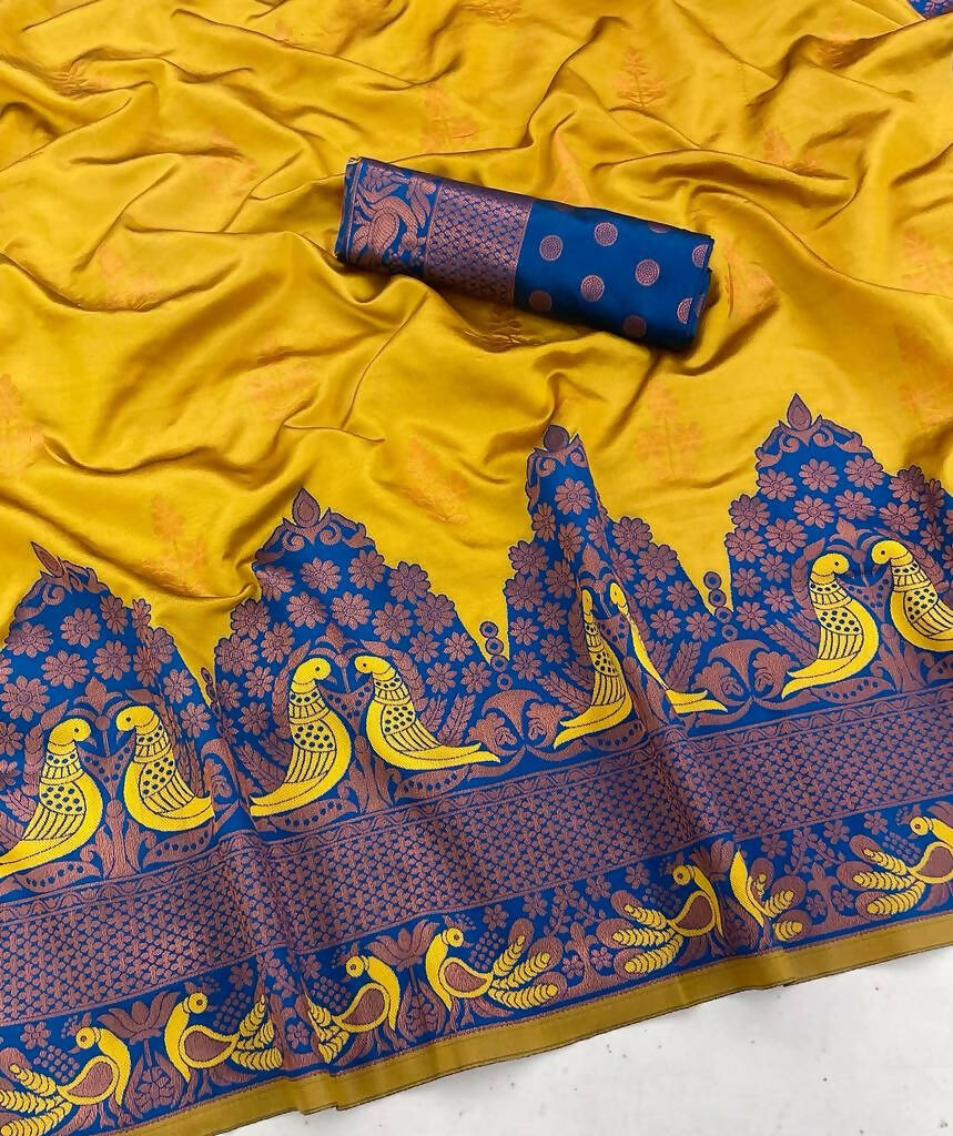 DEIANA'S Beautiful Designer Golden zari Soft Lichi Silk Saree - Yellow