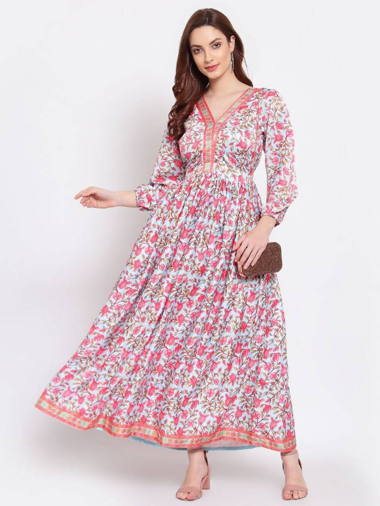 Myshka Women's Multi Printed Cotton Blend 3/4 Sleeve V Neck Casual Dress