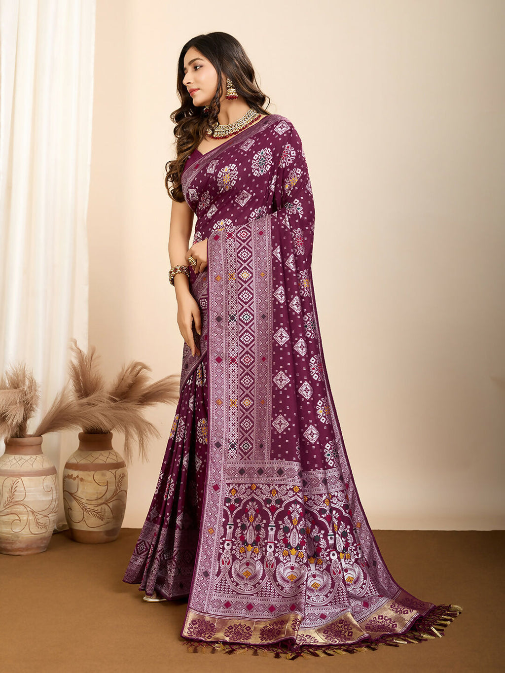 Wine Soft Silk Woven Meenakari Designer Saree - Vedanti