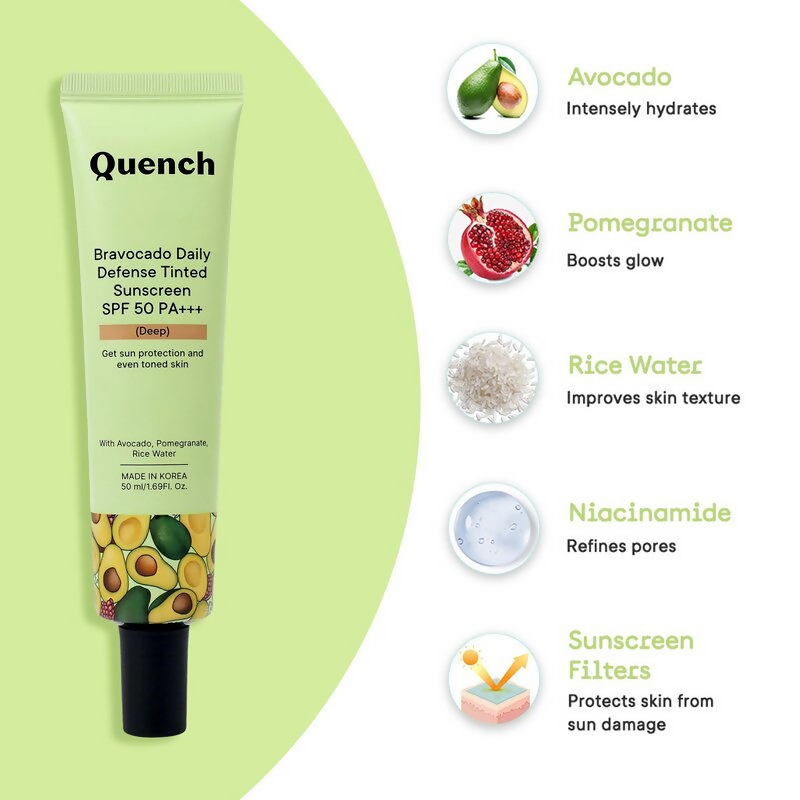 Quench Vitamin E Tinted SPF 50 Sunscreen PA+++ with both Mineral & Chemical Actives (Deep)