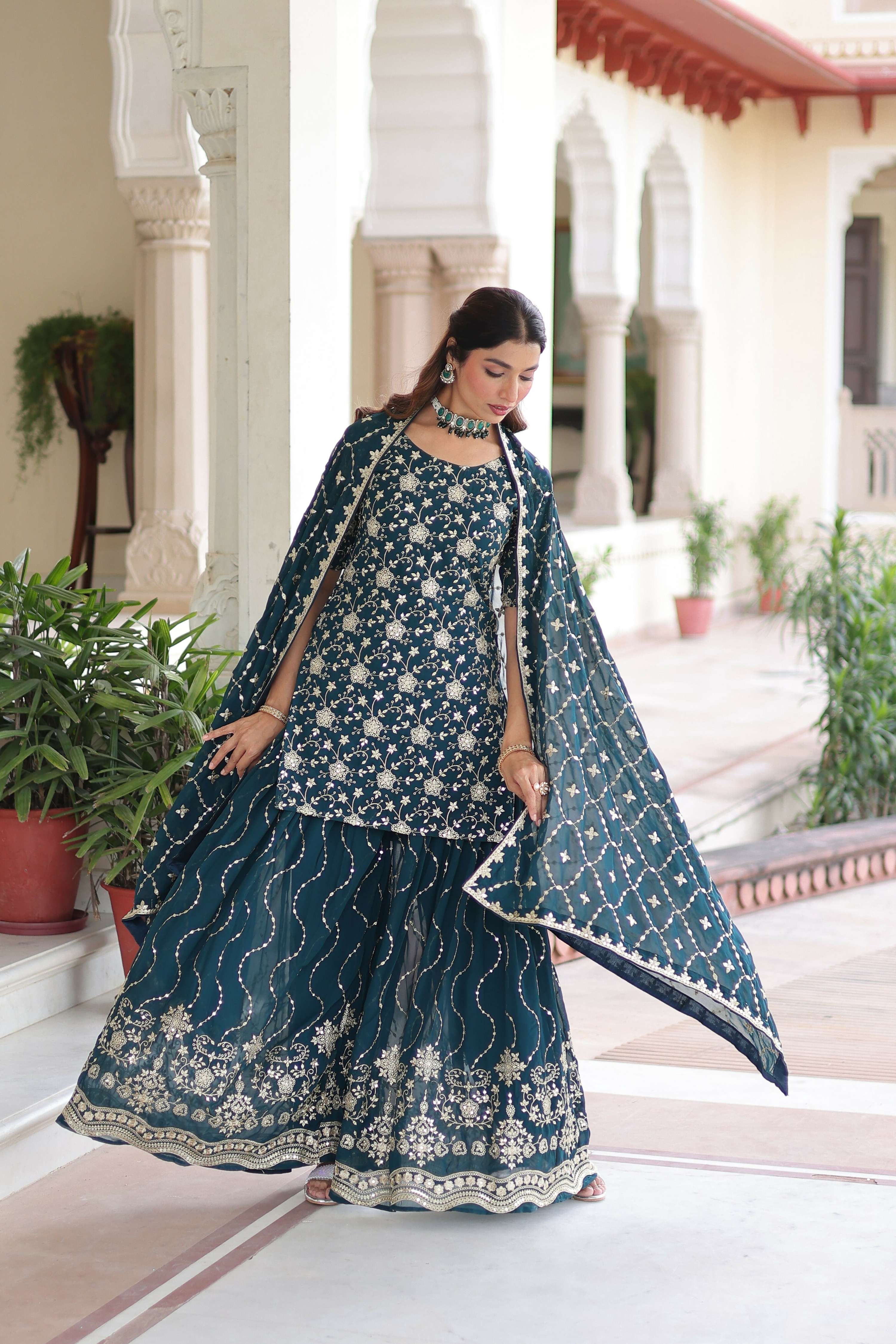 Joban Fashion Rama Green Readymade Kurta Set With Sequence embroidery Work - Distacart