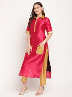 Ahalyaa Women's Dark Pink Poly Silk Kurta Trouser Set