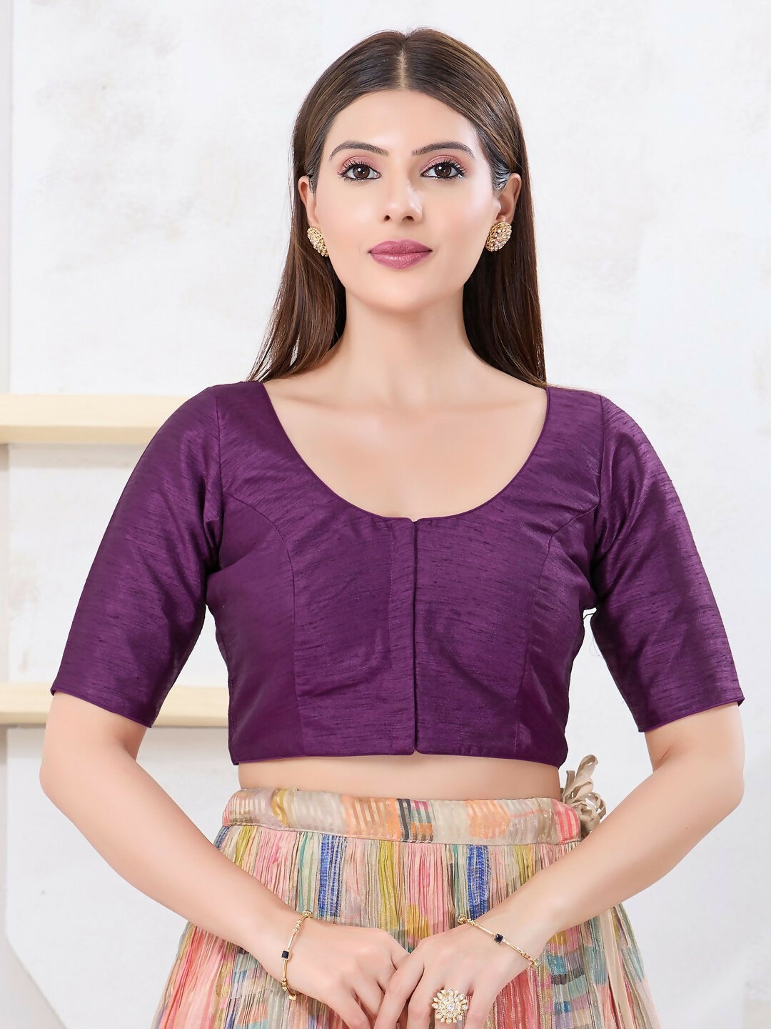 Joban Fashion Wine Dupion Silk Elbow Sleeveless Front Open Blouse