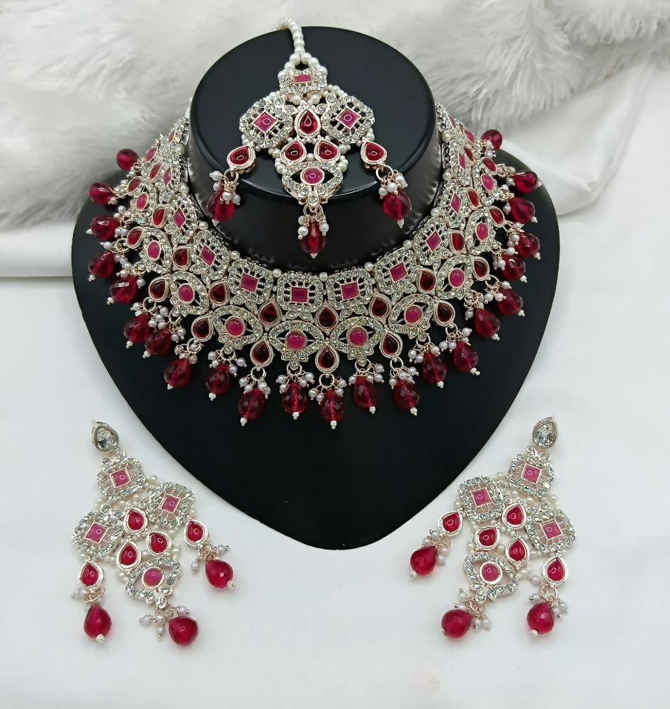 Joban Fashion Ruby Color Stone Work Necklace Set