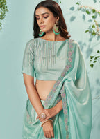 Sea Green Organza Silk Crepe Solid Saree With Unstitched Blouse Piece - Norita Ikshita