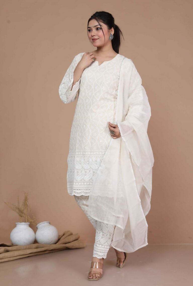 Miravan Women's Chikankari Cream Kurti Palazzo With Dupatta