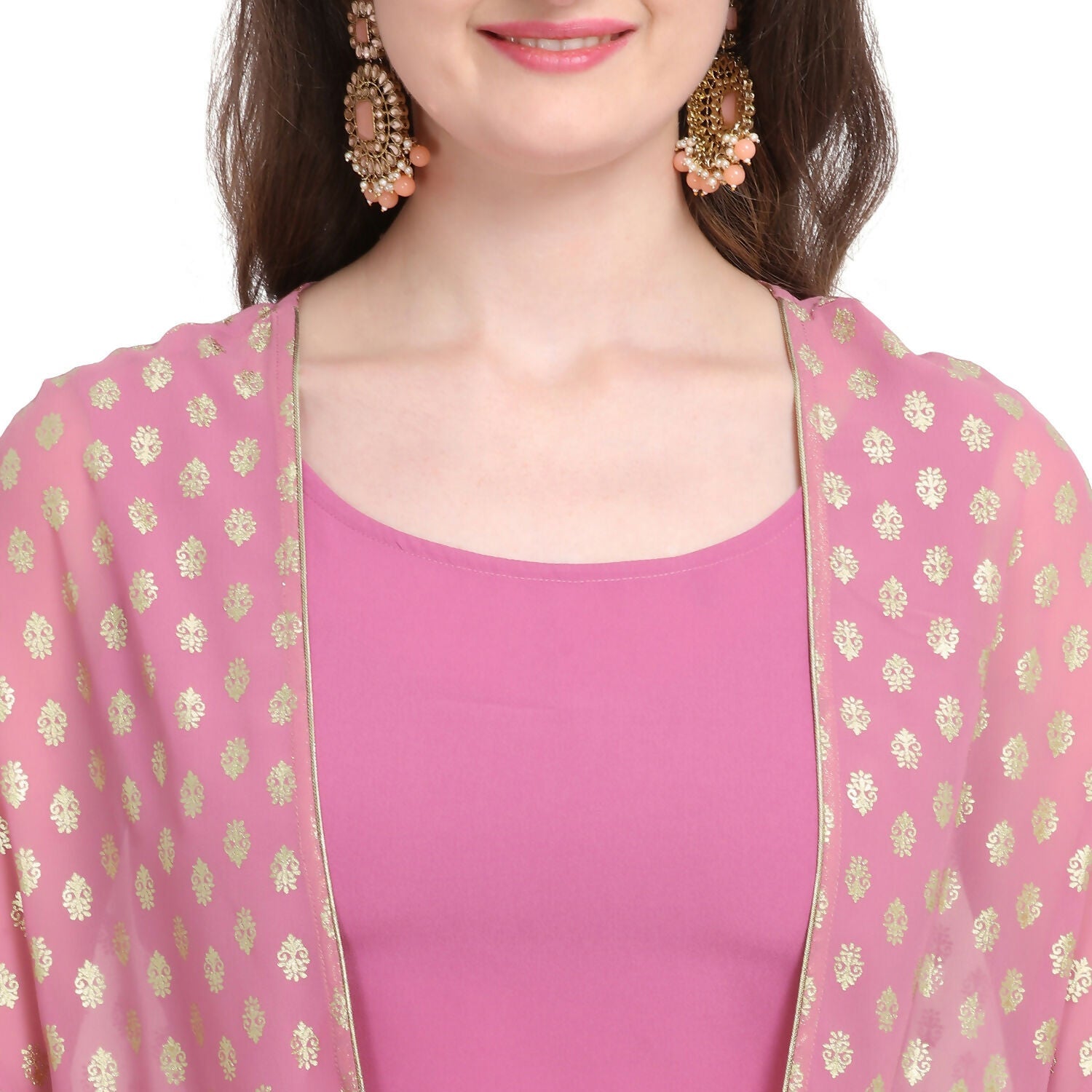 Vamika Crepe Rubber Print Pink Party Wear/Casual Wear/Office Wear Top Plazzo With Shrug