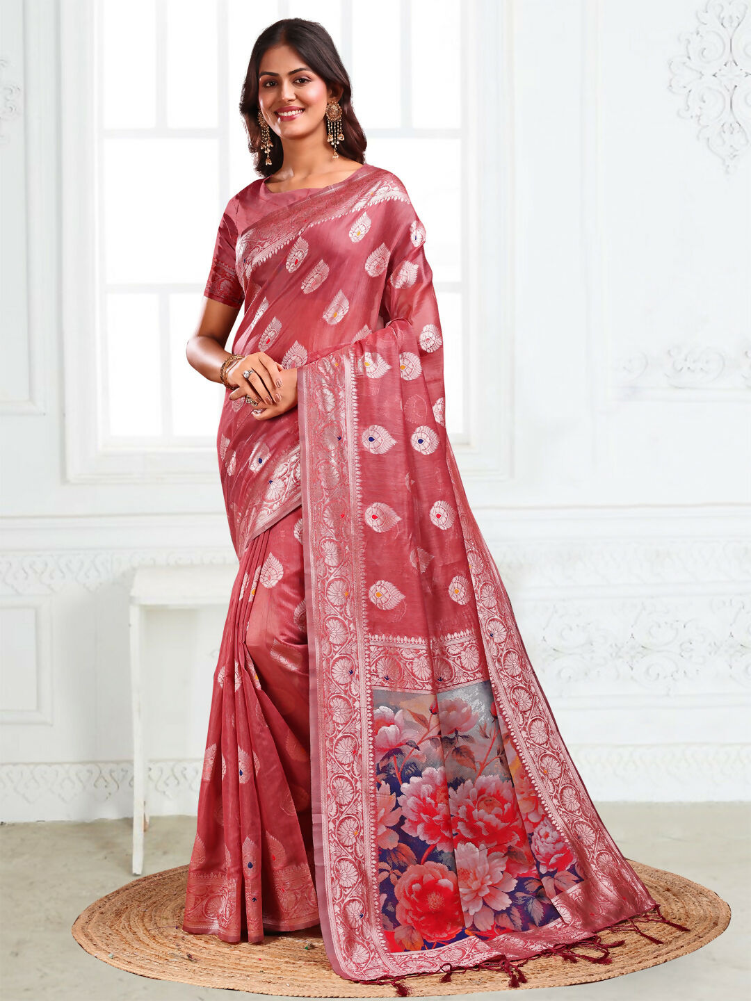 Shree Shyam Fashion Linen Cotton Rust Saree - Distacart