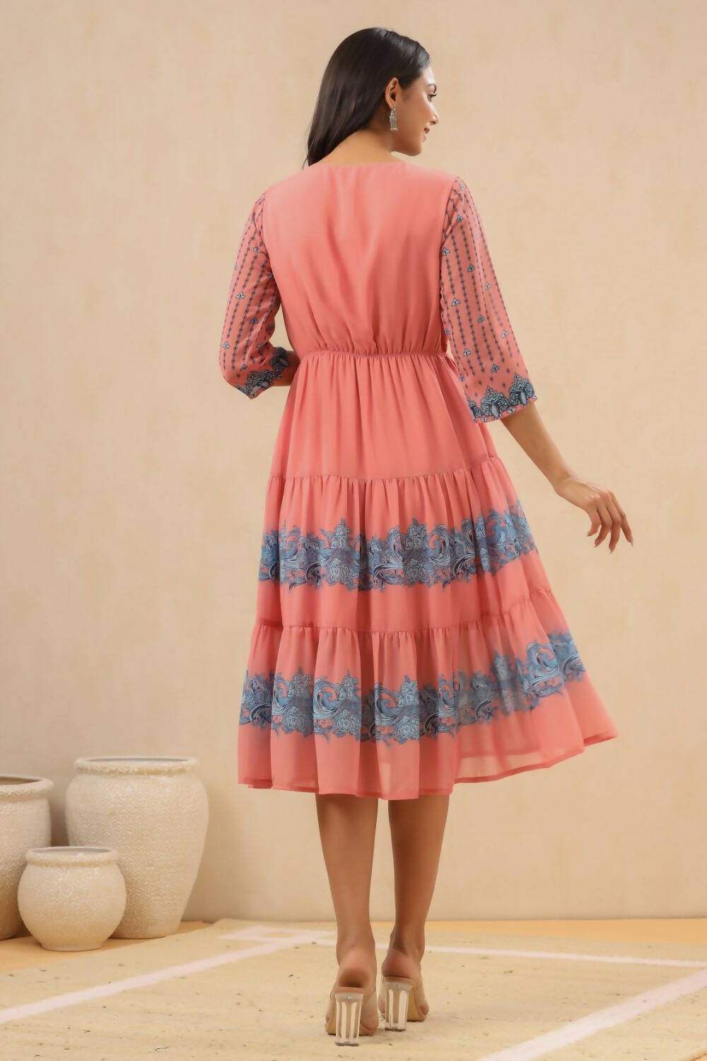 Juniper Womens Pink Georgette Printed Tiered Midi Dress - Distacart