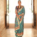 Turquoise Silk With Banarasi Print Work Saree - Trirath Yamuna