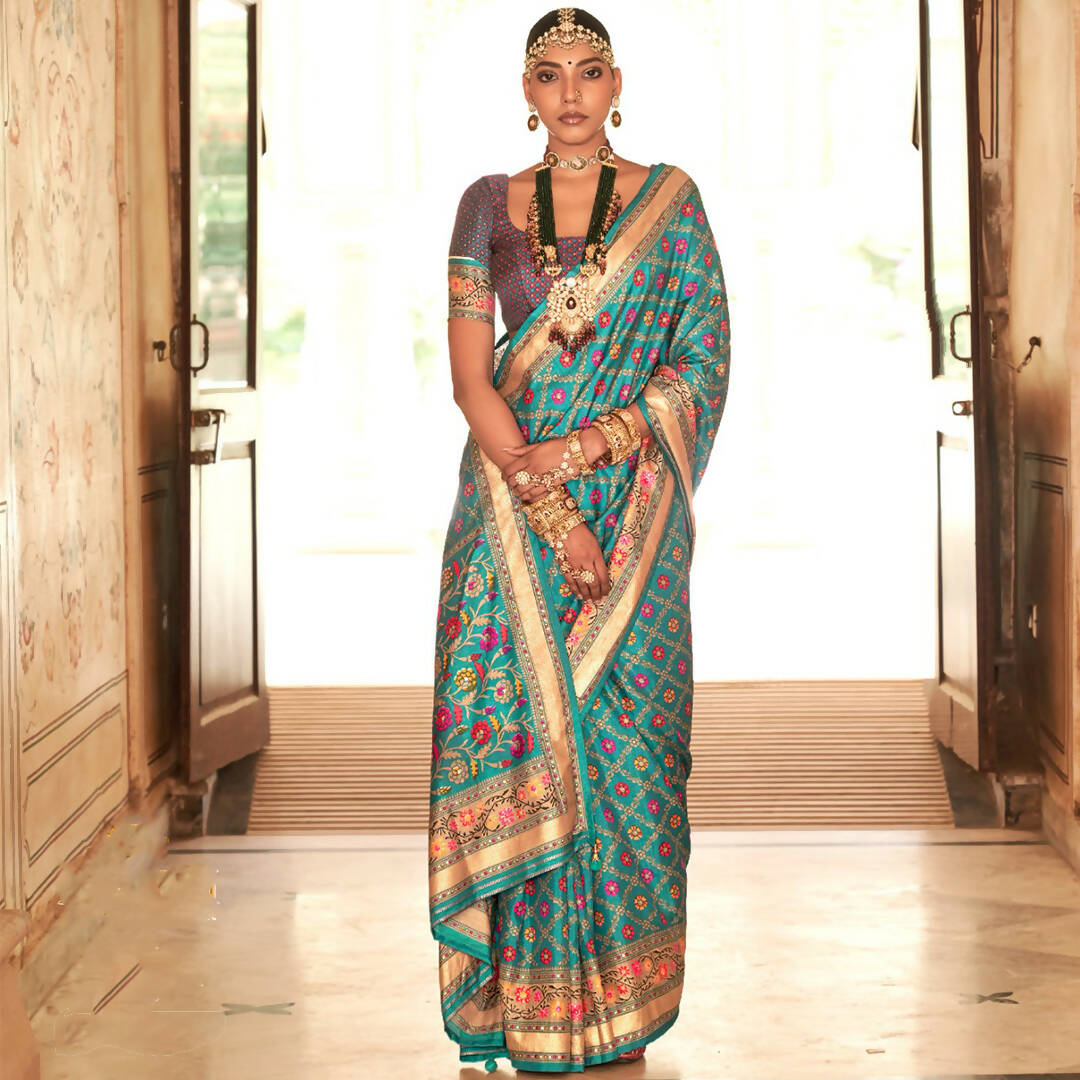 Turquoise Silk With Banarasi Print Work Saree - Trirath Yamuna