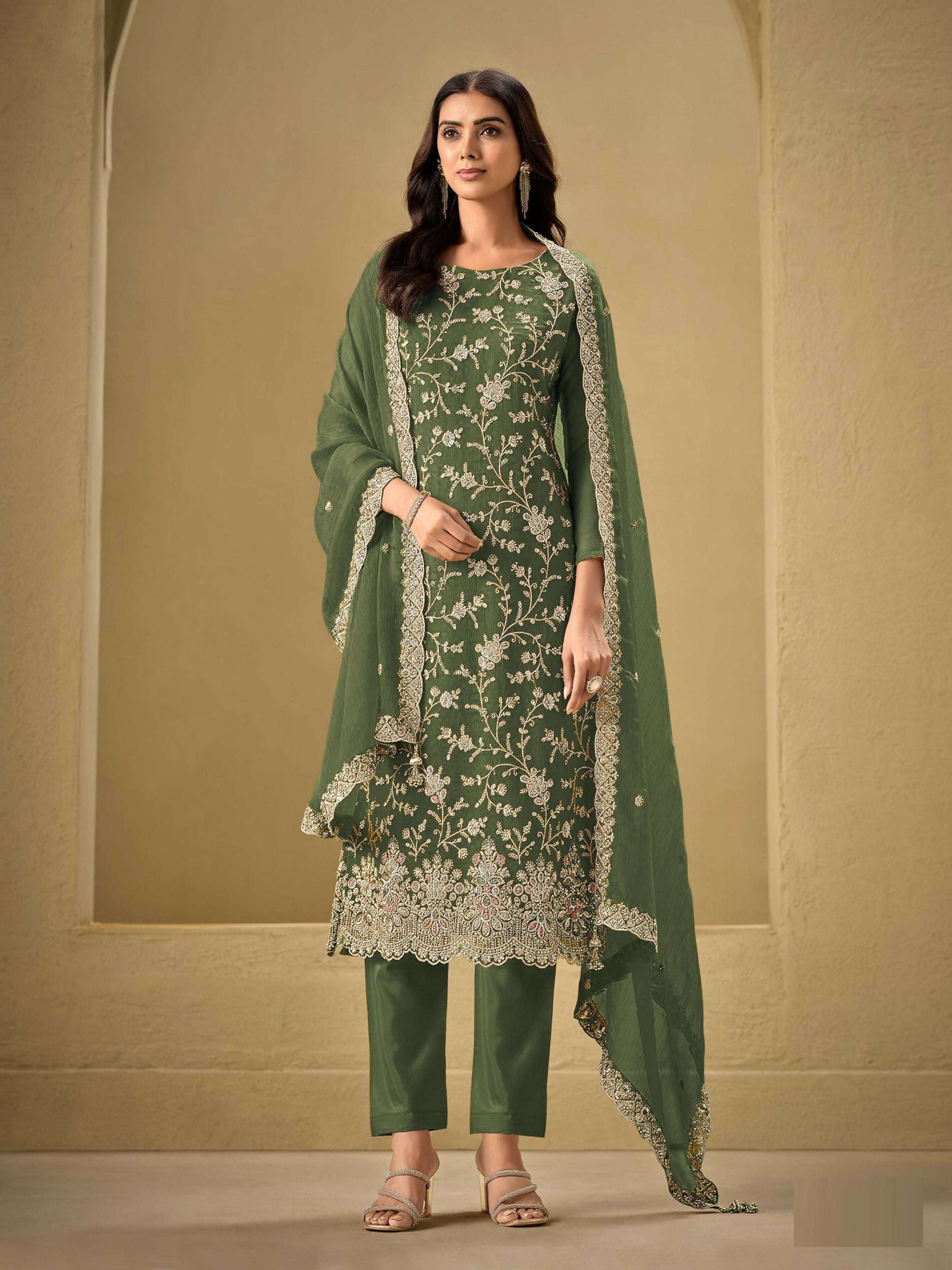 Anaita Mehndi Embroidered Silk Stitched Salwar Suit - Distacart