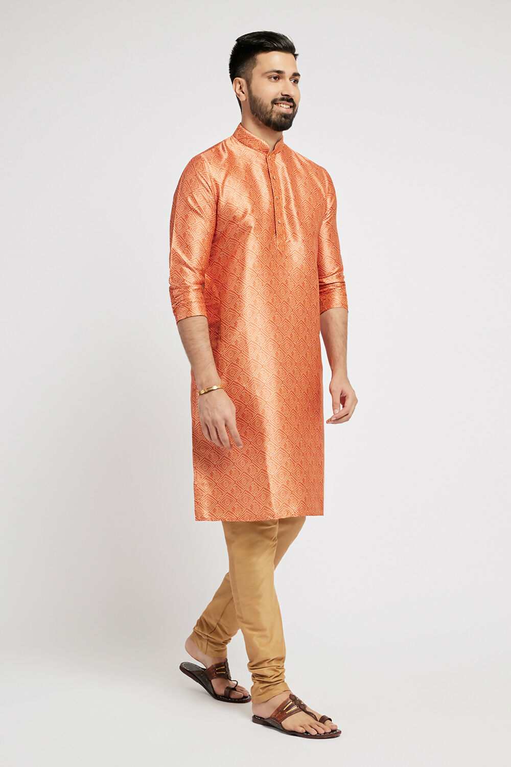 Ethnic India Orange Men's Kurta Bandhani Polyester
