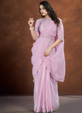 Light Purple Crepe Satin Silk Embroidered Saree with stitched Blouse - Mohmanthan Saha Saki