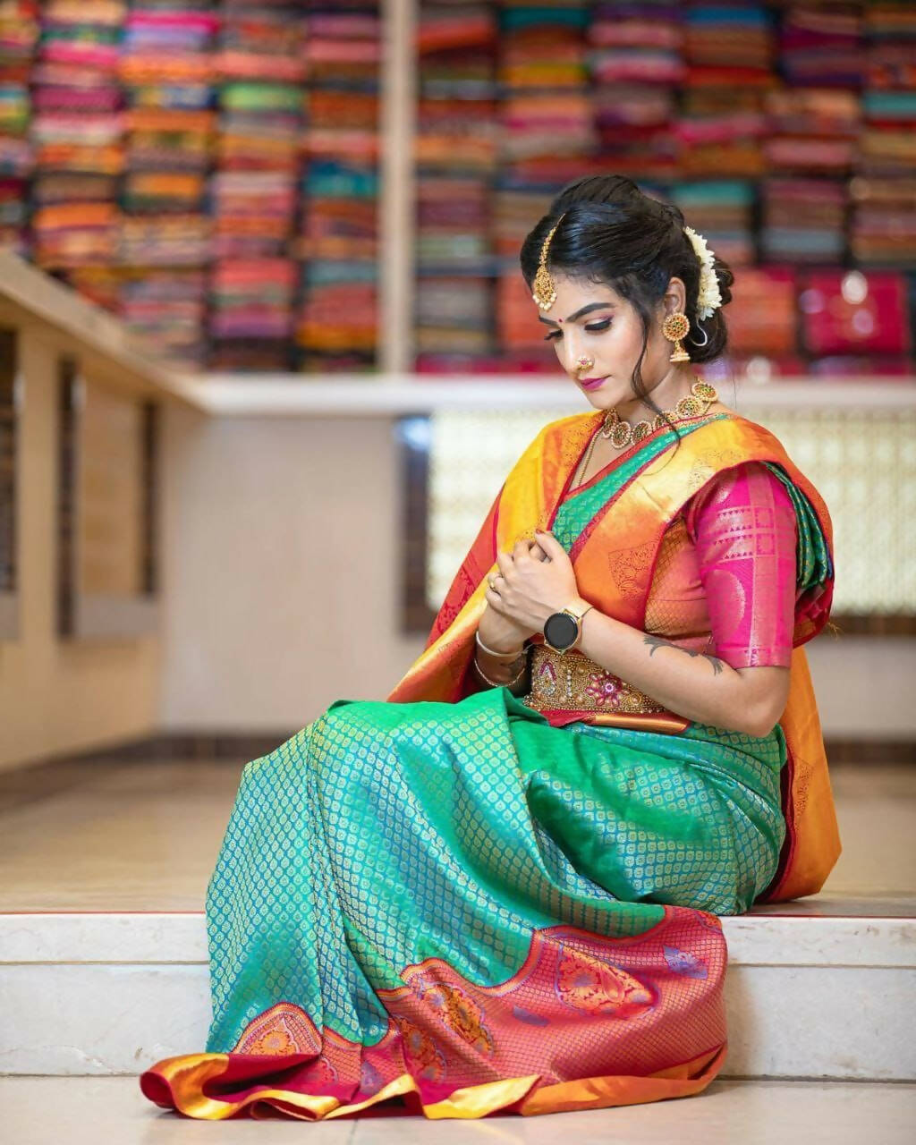 DEIANA'S Beautiful Designer Golden zari Soft Lichi Silk Saree - Bluue
