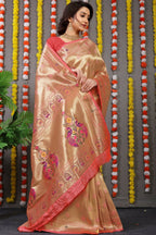 Jyoti Fashion Women's Peach Paithani Silk Zari Woven Saree with Blouse
