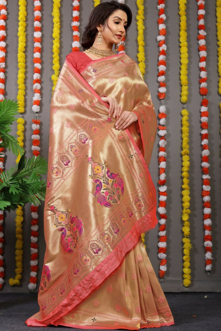 Jyoti Fashion Women's Peach Paithani Silk Zari Woven Saree with Blouse