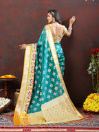 Lorenvalley Fashion Teal Organza Silk Woven Design with Meenakari Weaving Saree