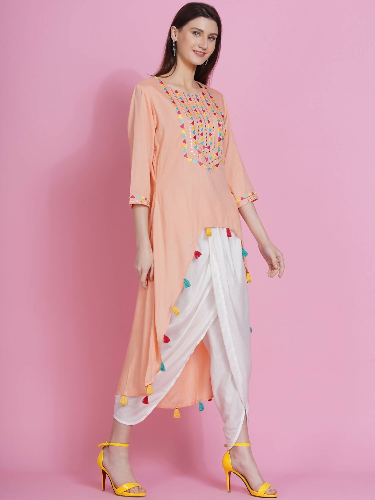 Women Republic Peach Rayon Embroidered Kurta With Mirror Work And Tulip Pants - Distacart
