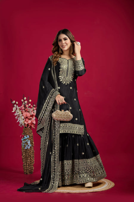 Joban Fashion Black Kurta Set Silk Sequins , Zari, Coding & Thread Embroidered work