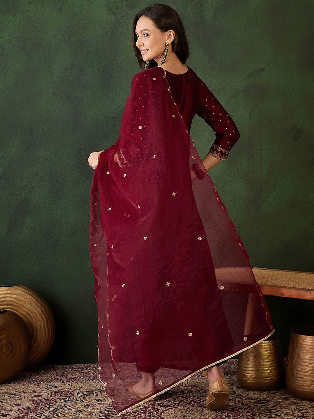 Sangria Geometric Printed Zari & Sequinned A-Line Kurta & Palazzo With Dupatta - Distacart