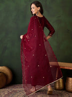 Sangria Geometric Printed Zari & Sequinned A-Line Kurta & Palazzo With Dupatta - Distacart