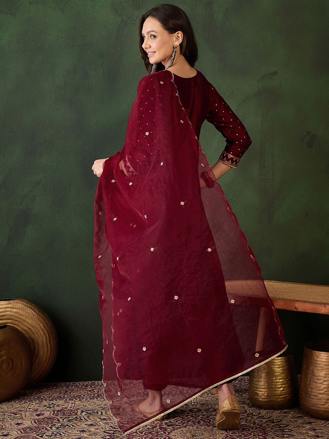 Sangria Geometric Printed Zari & Sequinned A-Line Kurta & Palazzo With Dupatta - Distacart