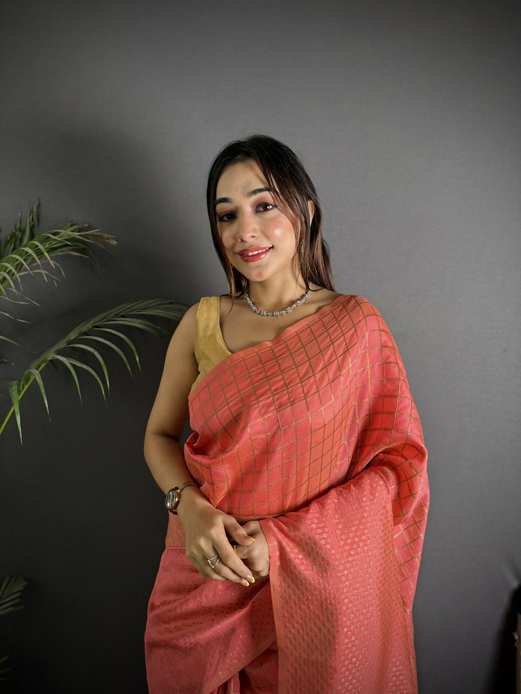 Joban Fashion Peach Banarasi Soft Lichi Silk Checks & Woven Saree - Distacart