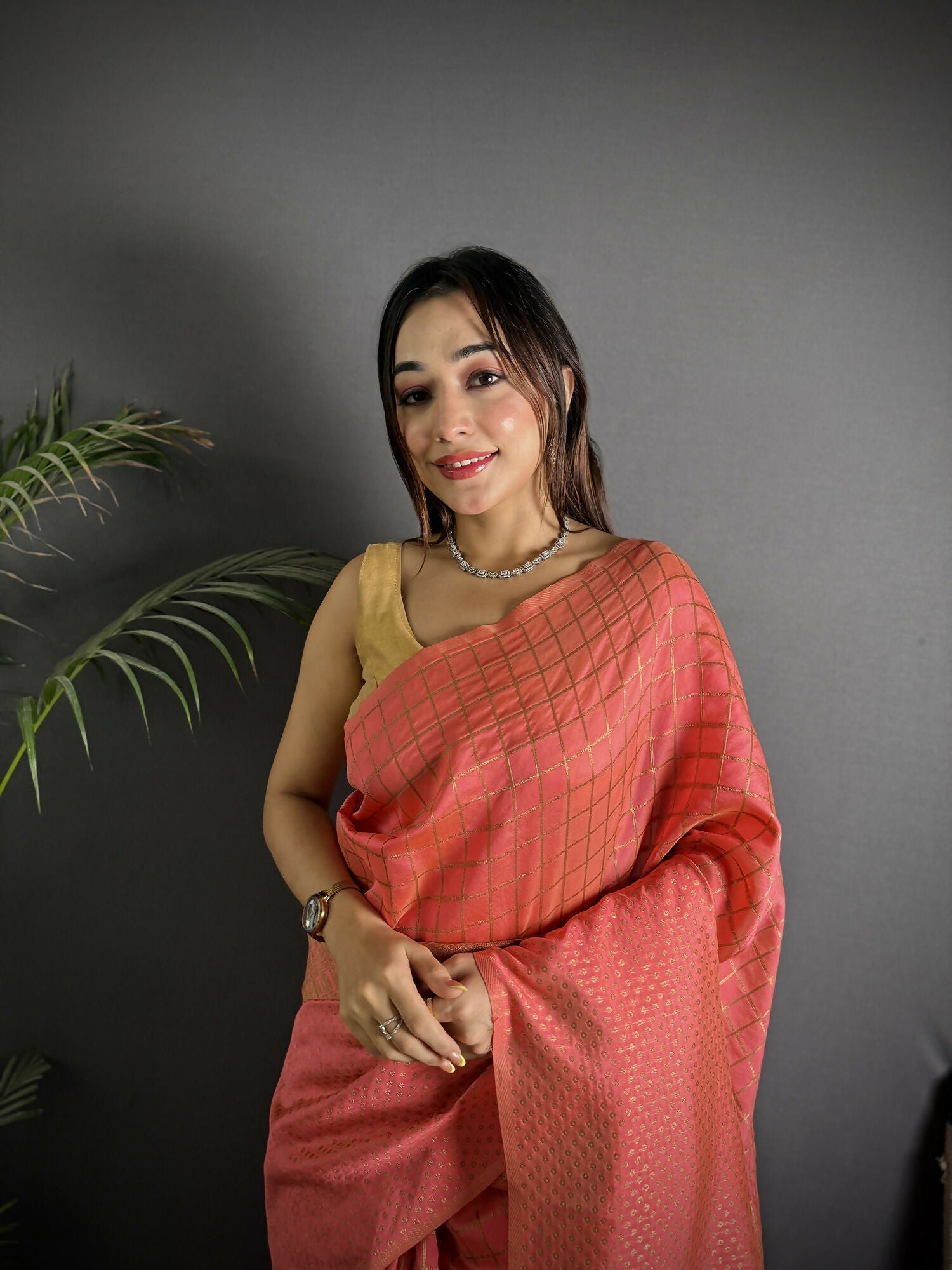 Joban Fashion Peach Banarasi Soft Lichi Silk Checks & Woven Saree - Distacart