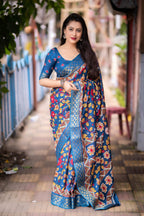 Blue Slub Silk Printed Saree with Unstitched Blouse - Hiral Fashion